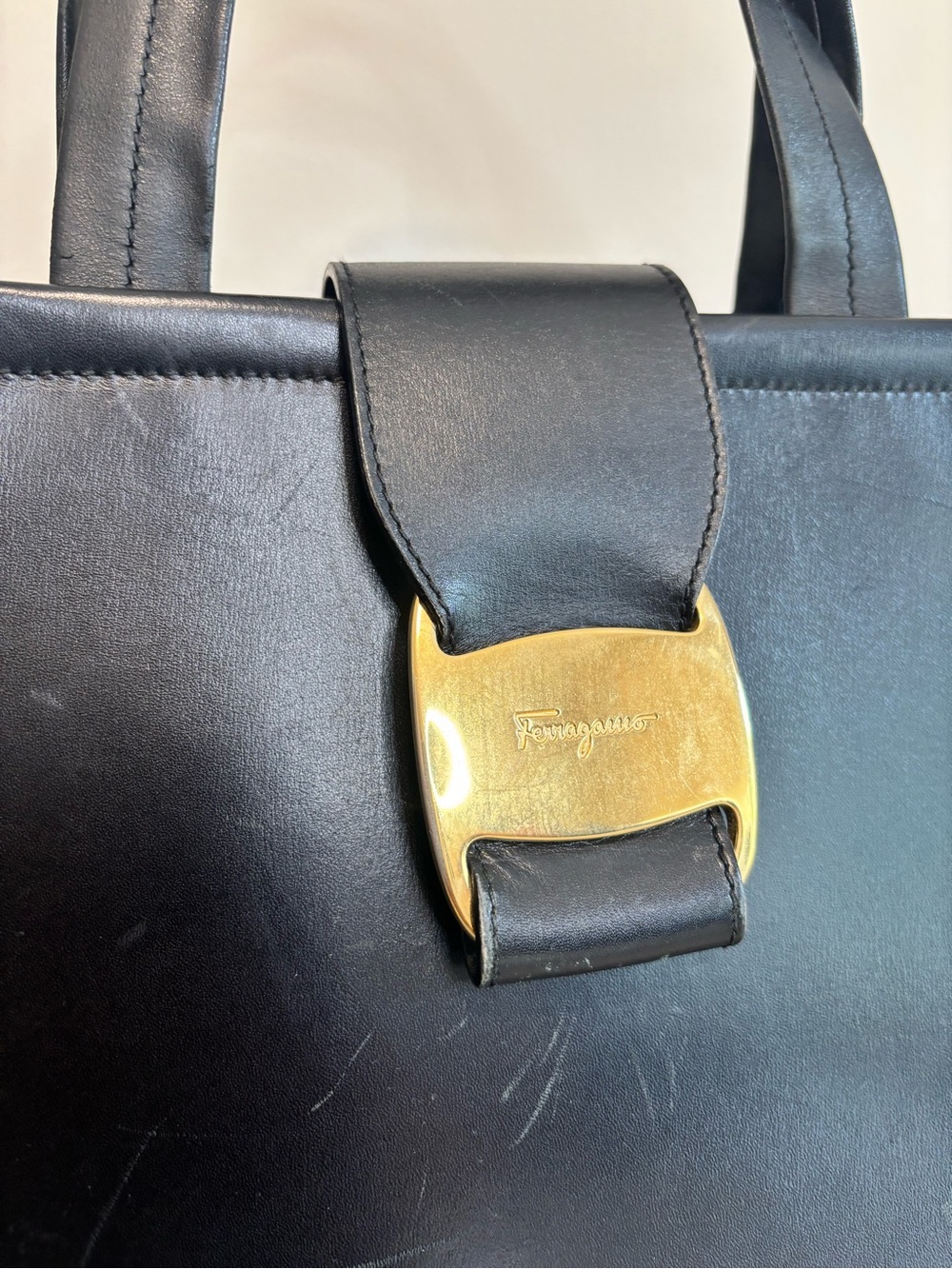 Vintage Salvatore Ferragamo Black Leather Top Handle Bag Gold Hardware Italy - Picture 4 of 13